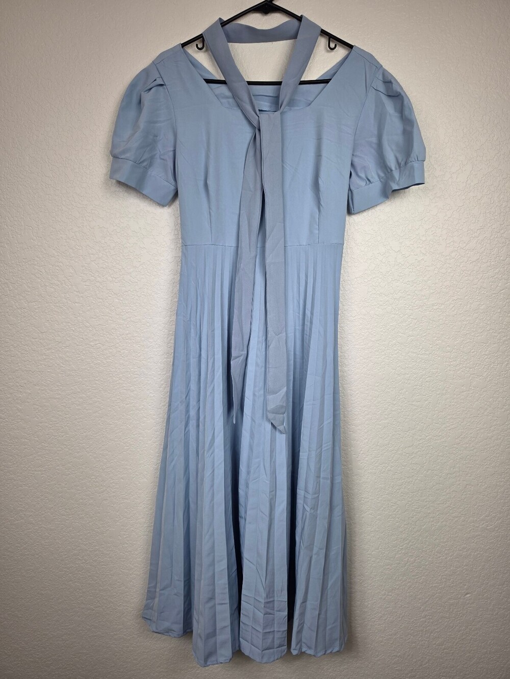 Light Blue Vintage Style Midi Dress Tie Neck Puff Sleeves